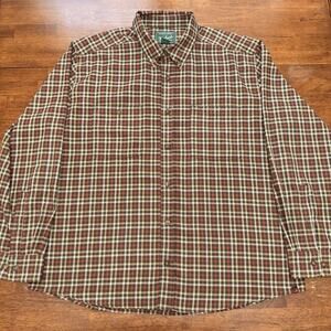 Woolrich Plaid Tartan Button Down Long Sleeve Shirt Red Brown Polyester Men's XL